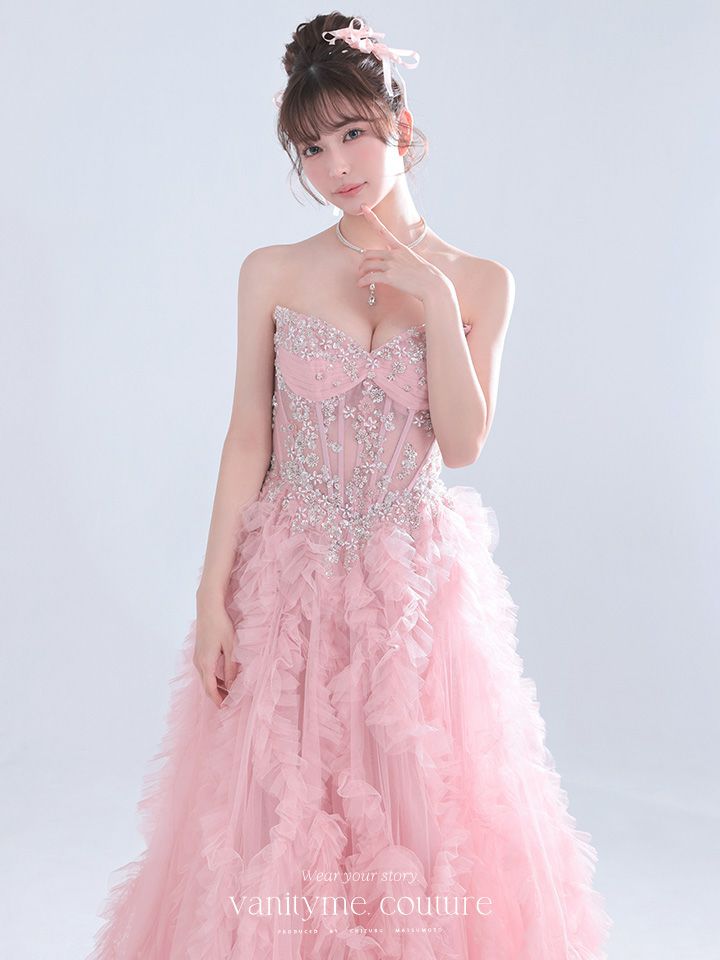 vanityME.couture. バニティミークチュール Rose Bijou Couture ローズ・ビジュー・クチュール ロングドレス ピンク ビジュー フリル バースデー vctr-l-a1483