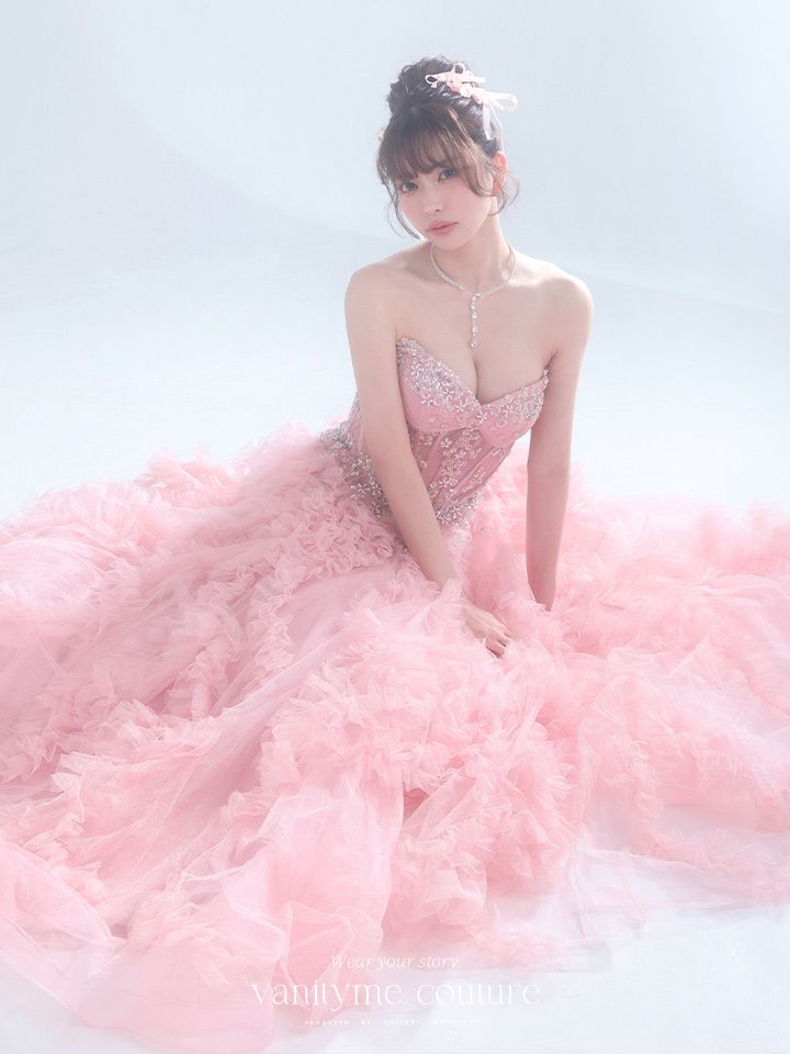 vanityME.couture. バニティミークチュール Rose Bijou Couture ローズ・ビジュー・クチュール ロングドレス ピンク ビジュー フリル バースデー vctr-l-a1483