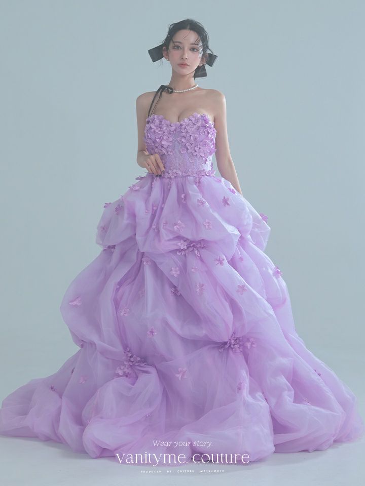 vanityME.couture. バニティミークチュール Lavande Fleur Couture ラヴァンド・フルール・クチュール ロングドレス ラベンダー 紫 花柄  フラワー バースデー vctr-t-25082-1