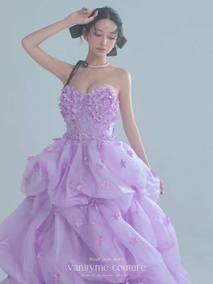 vanityME.couture. バニティミークチュール Lavande Fleur Couture ラヴァンド・フルール・クチュール ロングドレス ラベンダー 紫 花柄  フラワー バースデー vctr-t-25082-1