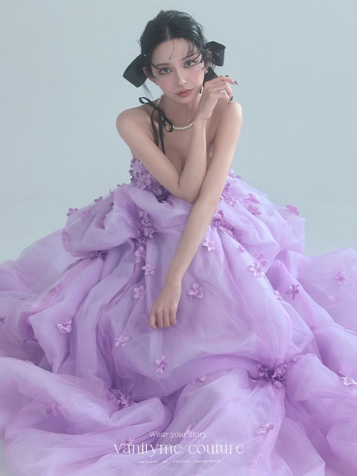 vanityME.couture. バニティミークチュール Lavande Fleur Couture ラヴァンド・フルール・クチュール ロングドレス ラベンダー 紫 花柄  フラワー バースデー vctr-t-25082-1