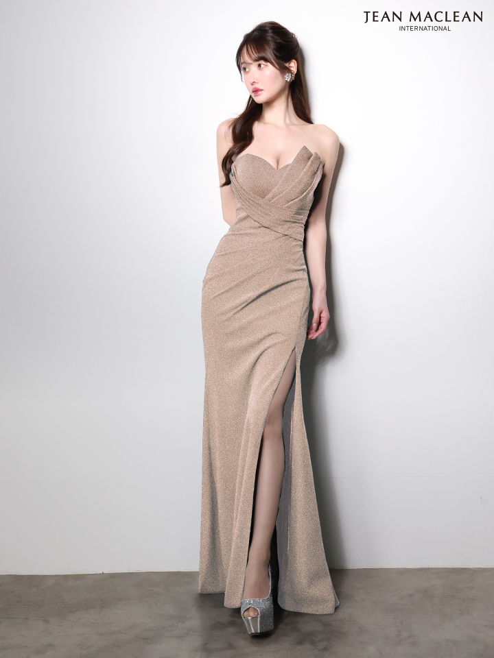 JEAN MACLEAN ジャンマクレーン ワンカラー/ベアトップ/アシンメトリー/タックデザイン/ラメニット/スリット入り/タイト ロングドレス ja51000-c