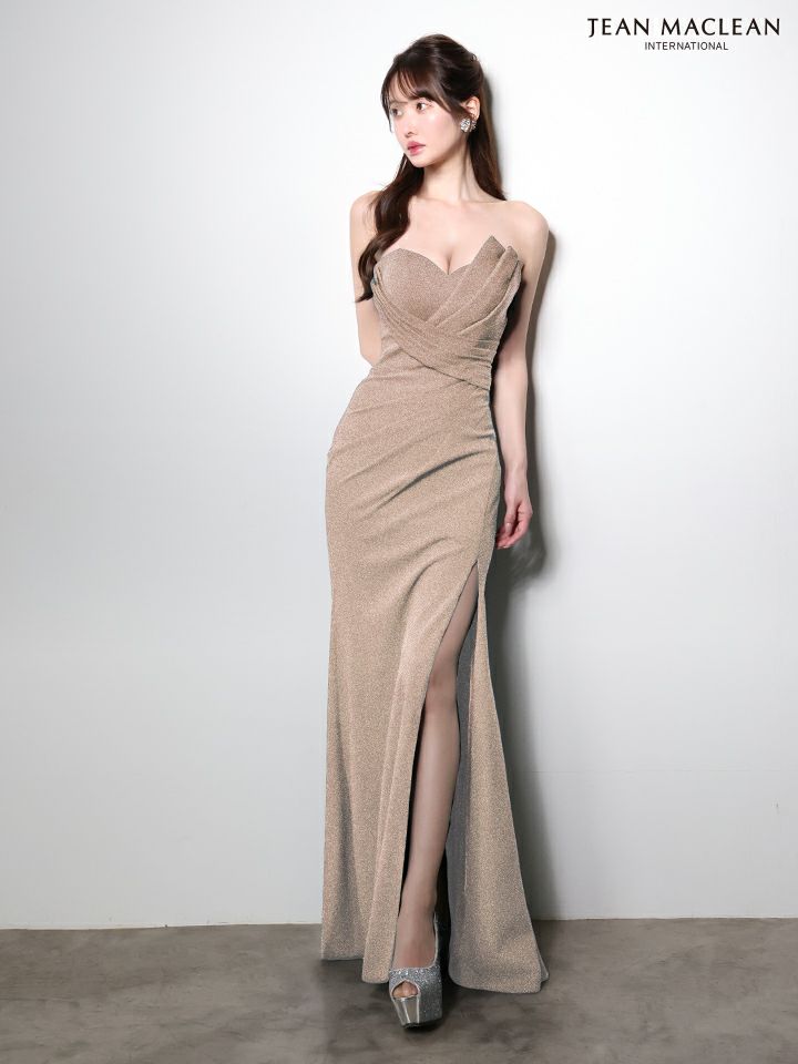JEAN MACLEAN ジャンマクレーン ワンカラー/ベアトップ/アシンメトリー/タックデザイン/ラメニット/スリット入り/タイト ロングドレス ja51000-c