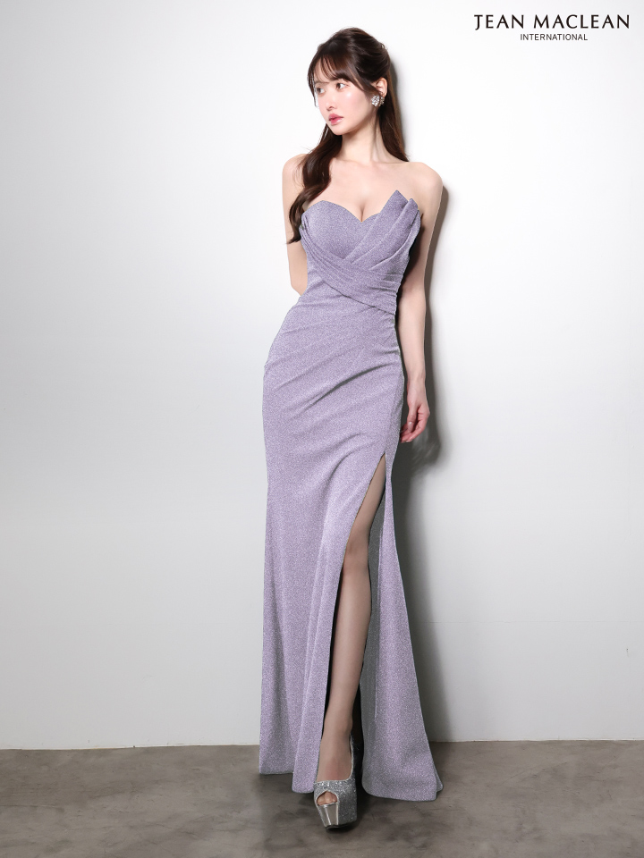 JEAN MACLEAN ジャンマクレーン ワンカラー/ベアトップ/アシンメトリー/タックデザイン/ラメニット/スリット入り/タイト ロングドレス ja51000-c