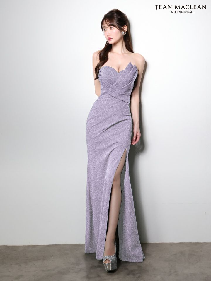 JEAN MACLEAN ジャンマクレーン ワンカラー/ベアトップ/アシンメトリー/タックデザイン/ラメニット/スリット入り/タイト ロングドレス ja51000-c