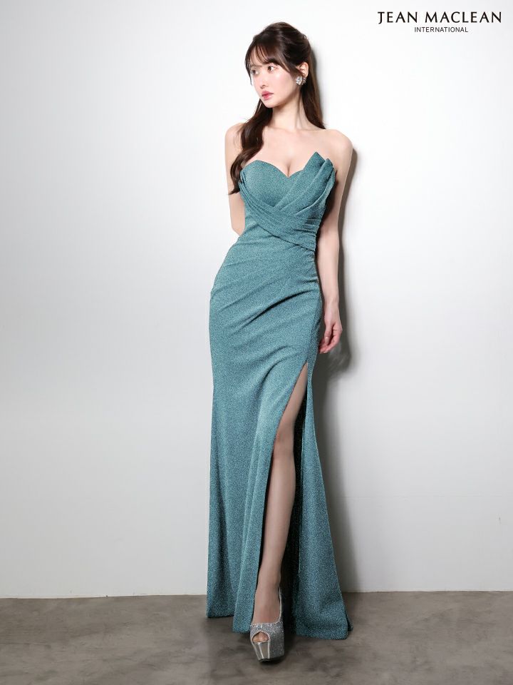 JEAN MACLEAN ジャンマクレーン ワンカラー/ベアトップ/アシンメトリー/タックデザイン/ラメニット/スリット入り/タイト ロングドレス ja51000-c