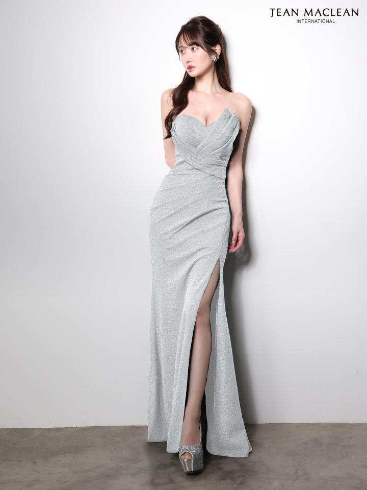 JEAN MACLEAN ジャンマクレーン ワンカラー/ベアトップ/アシンメトリー/タックデザイン/ラメニット/スリット入り/タイト ロングドレス ja51000-c