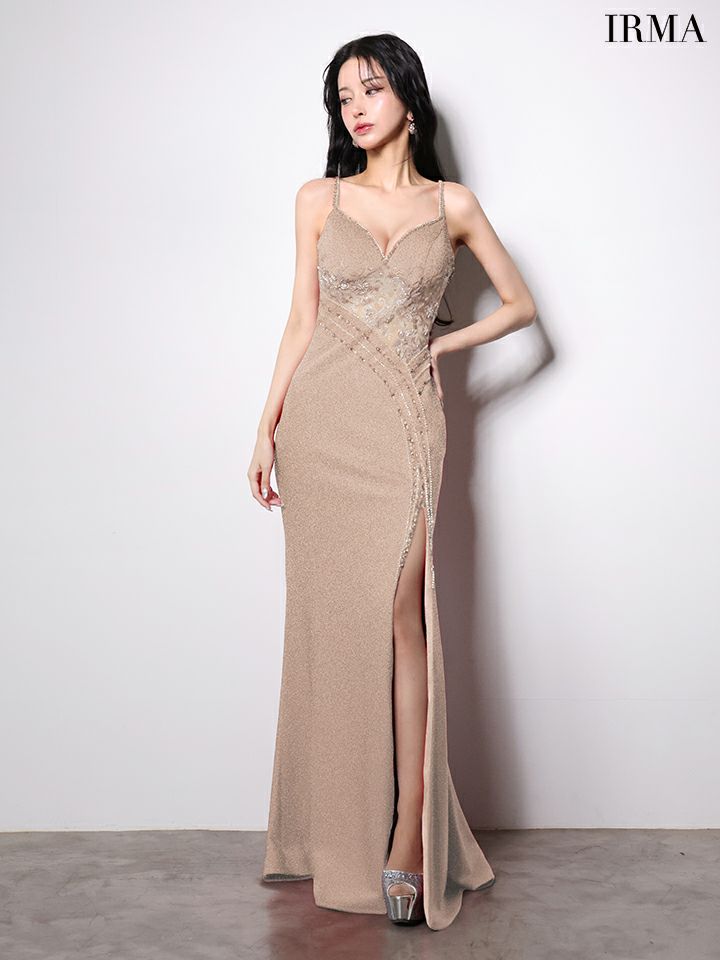 IRMA イルマ ウエストレース/アシンメトリー/スパンコールライン/スリット入り/タイト ロングドレス ir51996-c