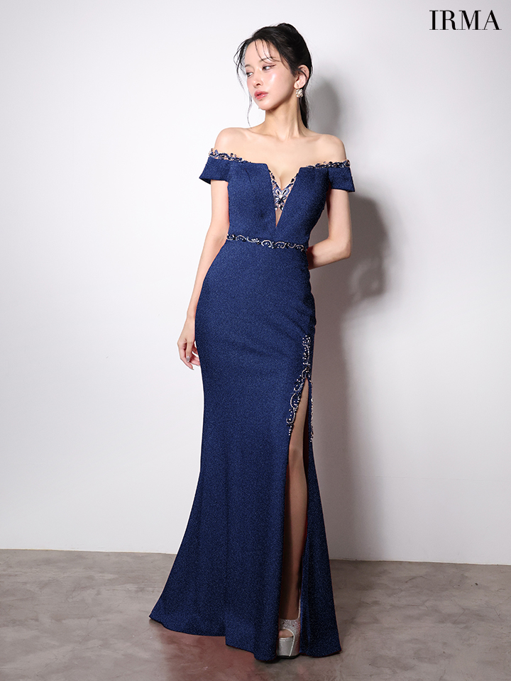 IRMA イルマ オフショル/ラメニット/バストシアービジュー/スリット入り/タイト ロングドレス ir51997-c