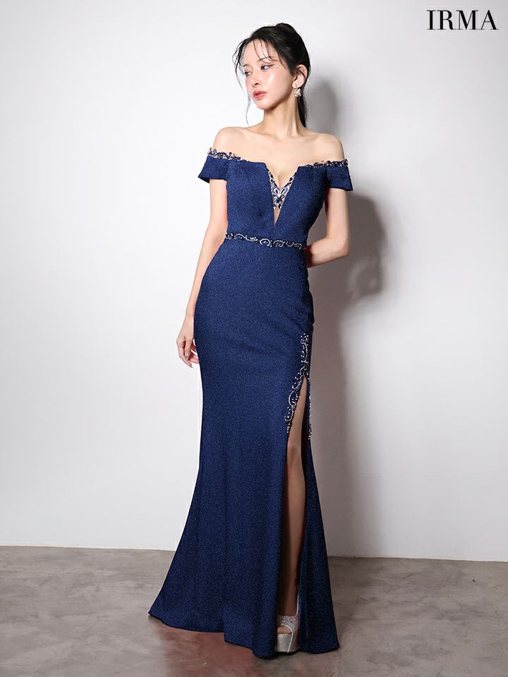 IRMA イルマ オフショル/ラメニット/バストシアービジュー/スリット入り/タイト ロングドレス ir51997-c