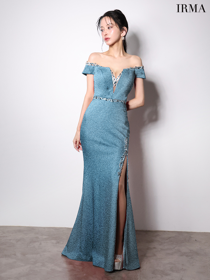 IRMA イルマ オフショル/ラメニット/バストシアービジュー/スリット入り/タイト ロングドレス ir51997-c