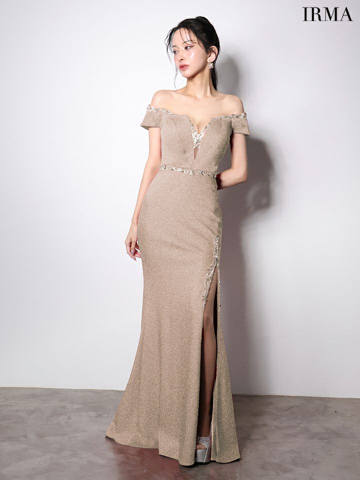 IRMA イルマ オフショル/ラメニット/バストシアービジュー/スリット入り/タイト ロングドレス ir51997-c