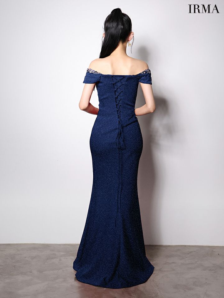 IRMA イルマ オフショル/ラメニット/バストシアービジュー/スリット入り/タイト ロングドレス ir51997-c