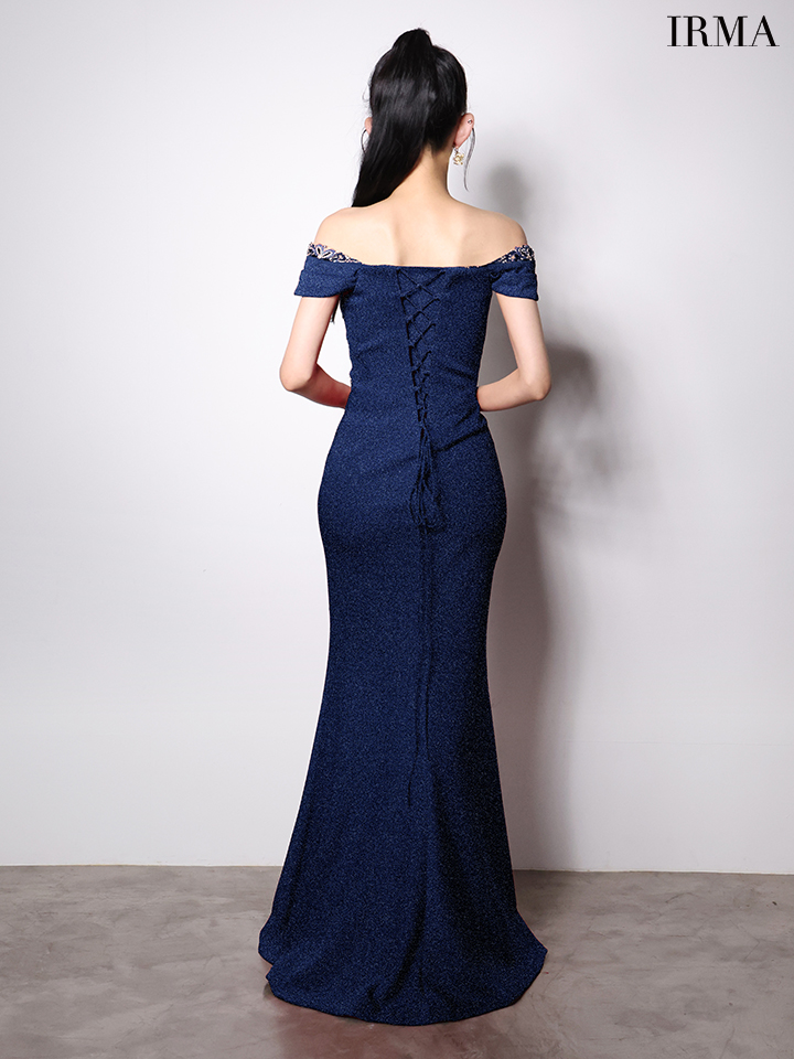 IRMA イルマ オフショル/ラメニット/バストシアービジュー/スリット入り/タイト ロングドレス ir51997-c