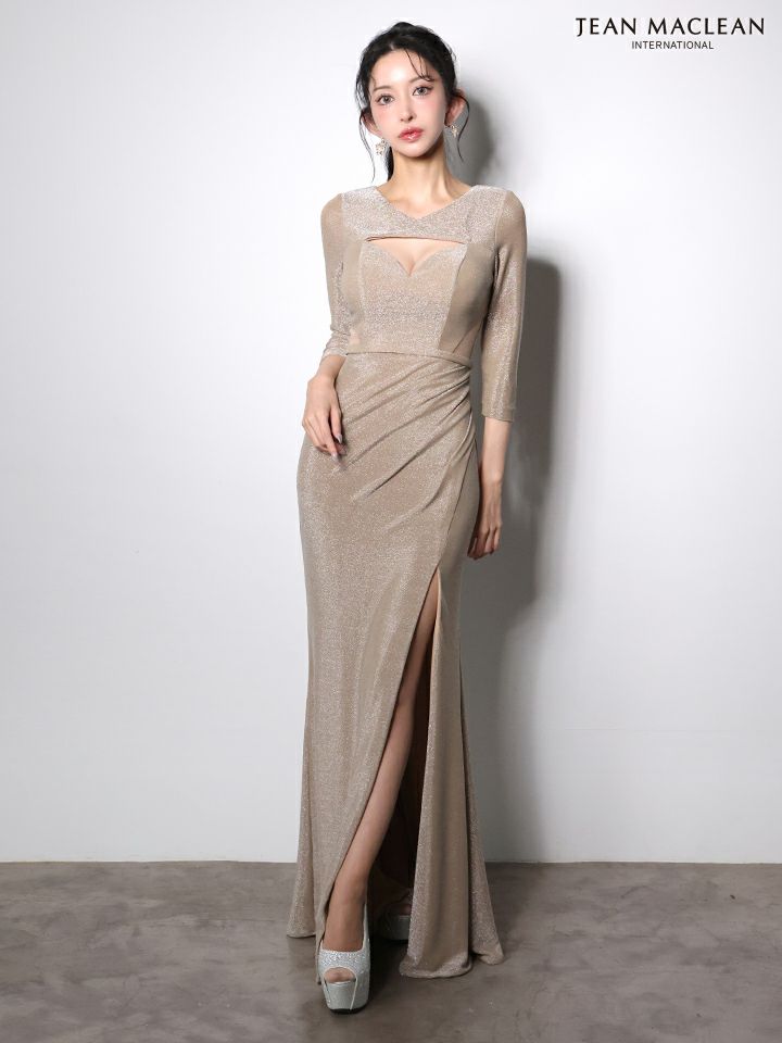 JEAN MACLEAN ジャンマクレーン ワンカラー/ロングスリーブ/ラメニット/カットアウト/スリット入り/タイト ロングドレス ja51001-c