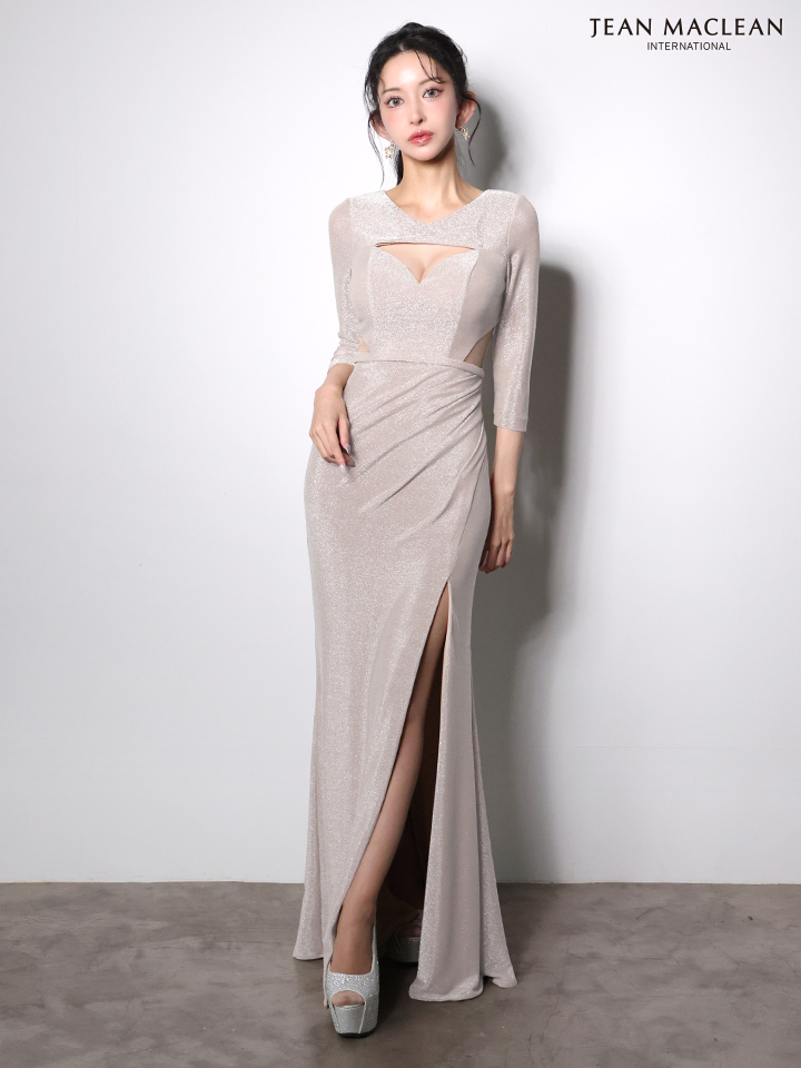 JEAN MACLEAN ジャンマクレーン ワンカラー/ロングスリーブ/ラメニット/カットアウト/スリット入り/タイト ロングドレス ja51001-c
