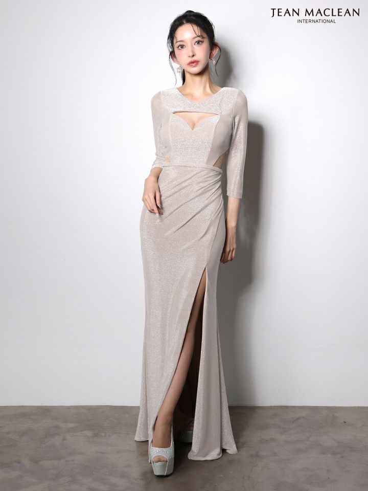 JEAN MACLEAN ジャンマクレーン ワンカラー/ロングスリーブ/ラメニット/カットアウト/スリット入り/タイト ロングドレス ja51001-c