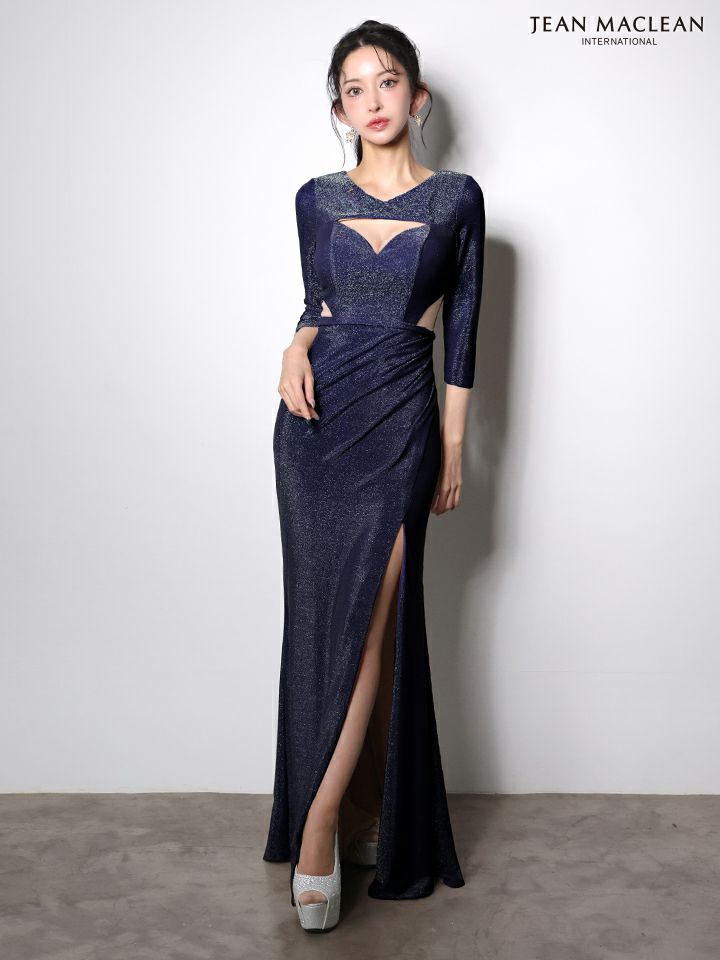 JEAN MACLEAN ジャンマクレーン ワンカラー/ロングスリーブ/ラメニット/カットアウト/スリット入り/タイト ロングドレス ja51001-c