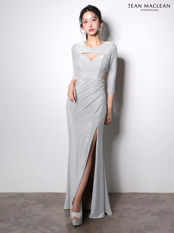 JEAN MACLEAN ジャンマクレーン ワンカラー/ロングスリーブ/ラメニット/カットアウト/スリット入り/タイト ロングドレス ja51001-c