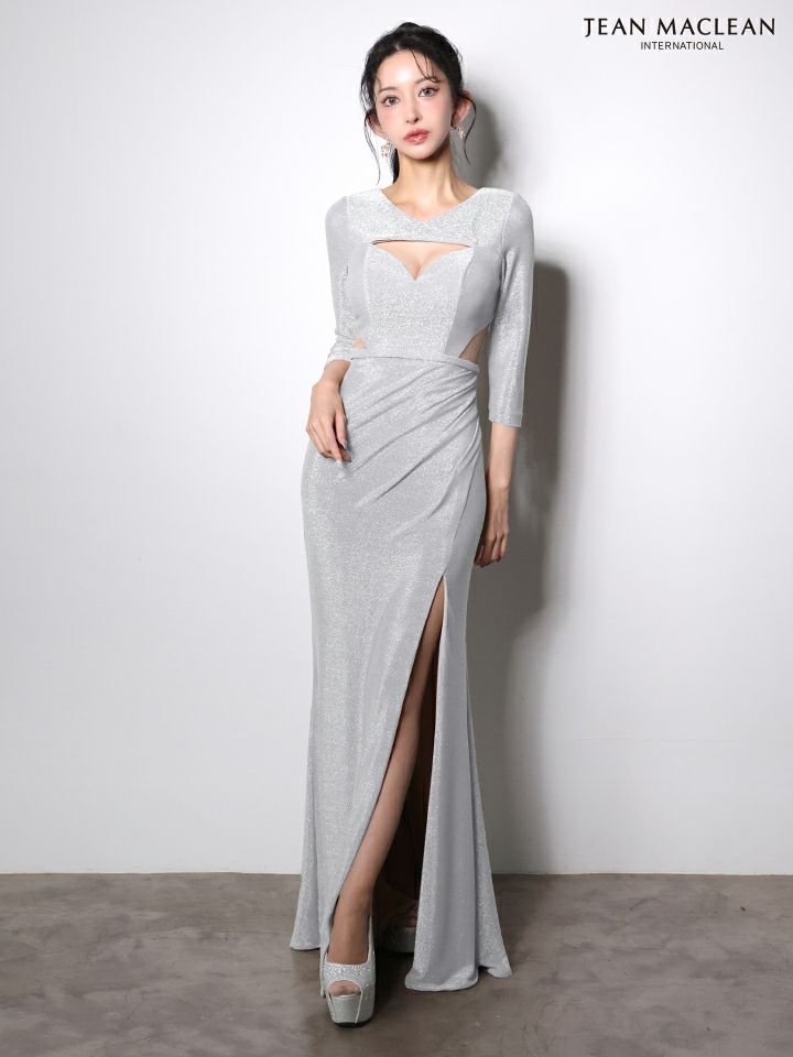 JEAN MACLEAN ジャンマクレーン ワンカラー/ロングスリーブ/ラメニット/カットアウト/スリット入り/タイト ロングドレス ja51001-c