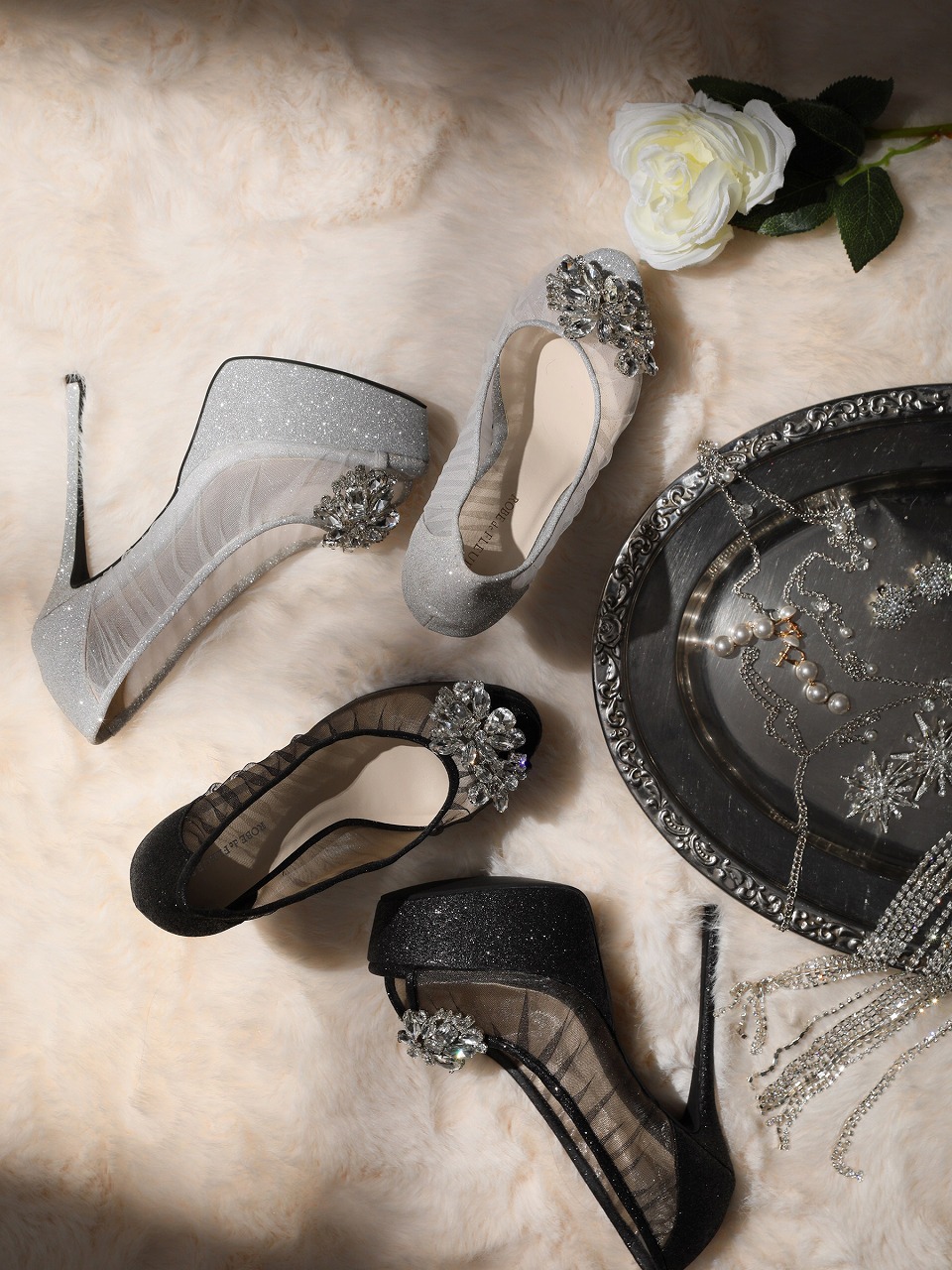 ROBE de FLEURS ローブドフルール ラインストーンビジュークリアメッシュパンプス【ヒール14cm】 sh106