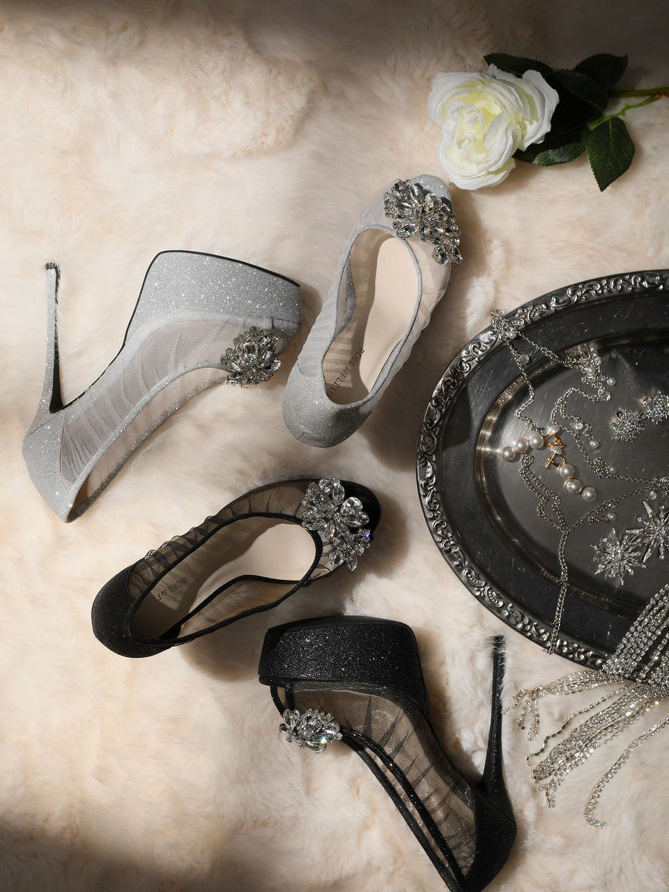 ROBE de FLEURS ローブドフルール ラインストーンビジュークリアメッシュパンプス【ヒール14cm】 sh106