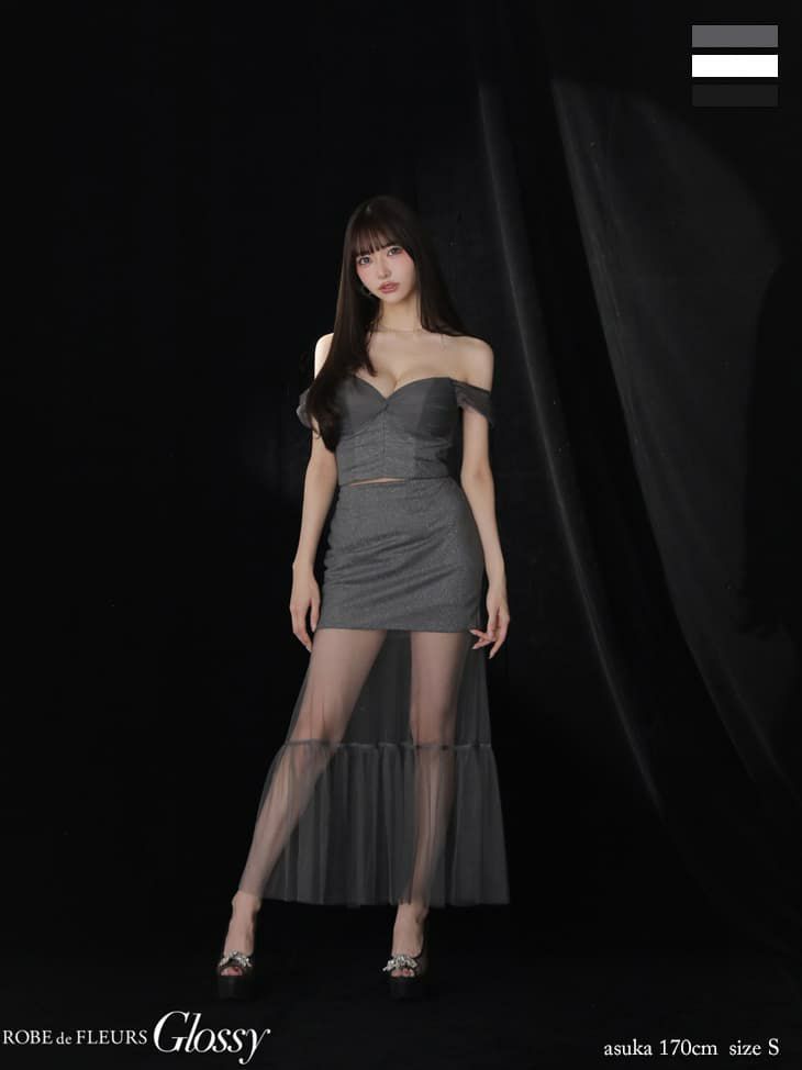 Glossy ローブドフルールグロッシー ラメニットオフショルセットアップロングキャバドレス gl3968-c