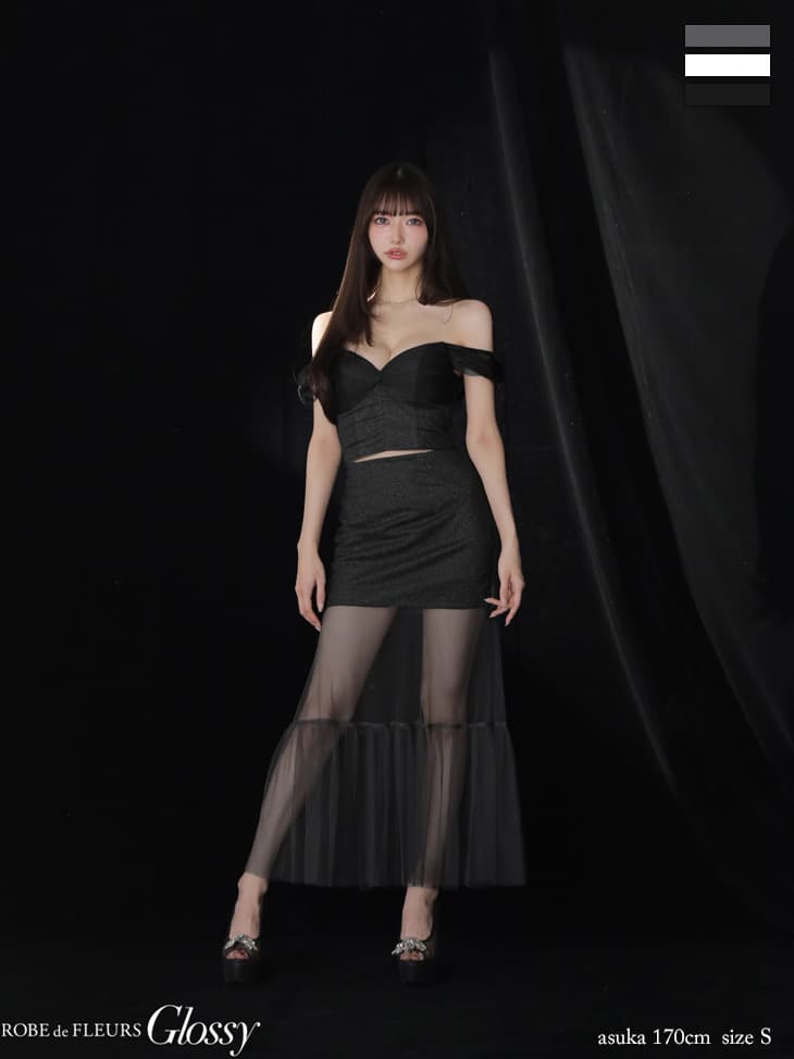 Glossy ローブドフルールグロッシー ラメニットオフショルセットアップロングキャバドレス gl3968-c