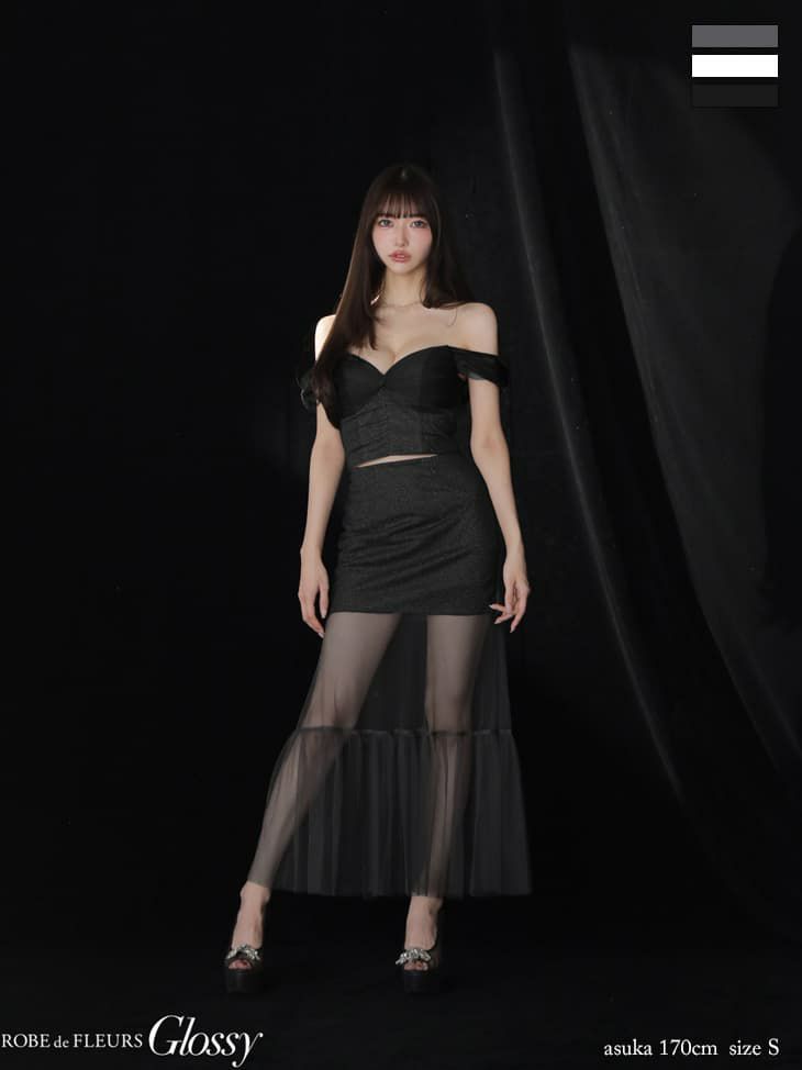 Glossy ローブドフルールグロッシー ラメニットオフショルセットアップロングキャバドレス gl3968-c