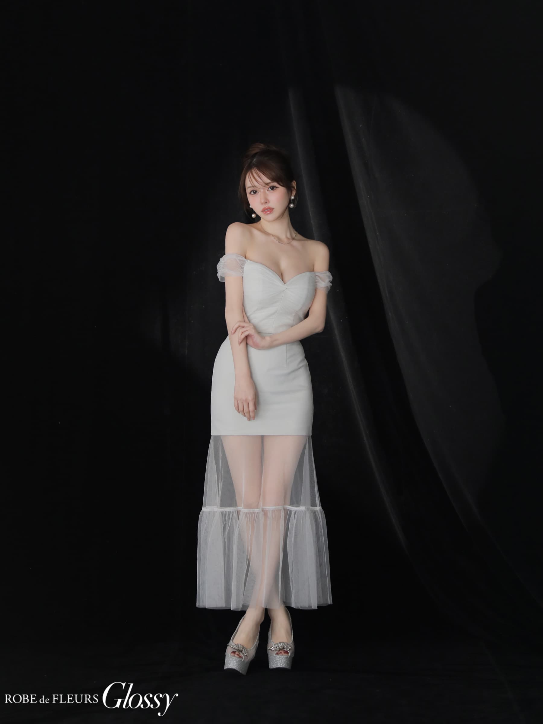 Glossy ローブドフルールグロッシー ラメニットオフショルセットアップロングキャバドレス gl3968-c