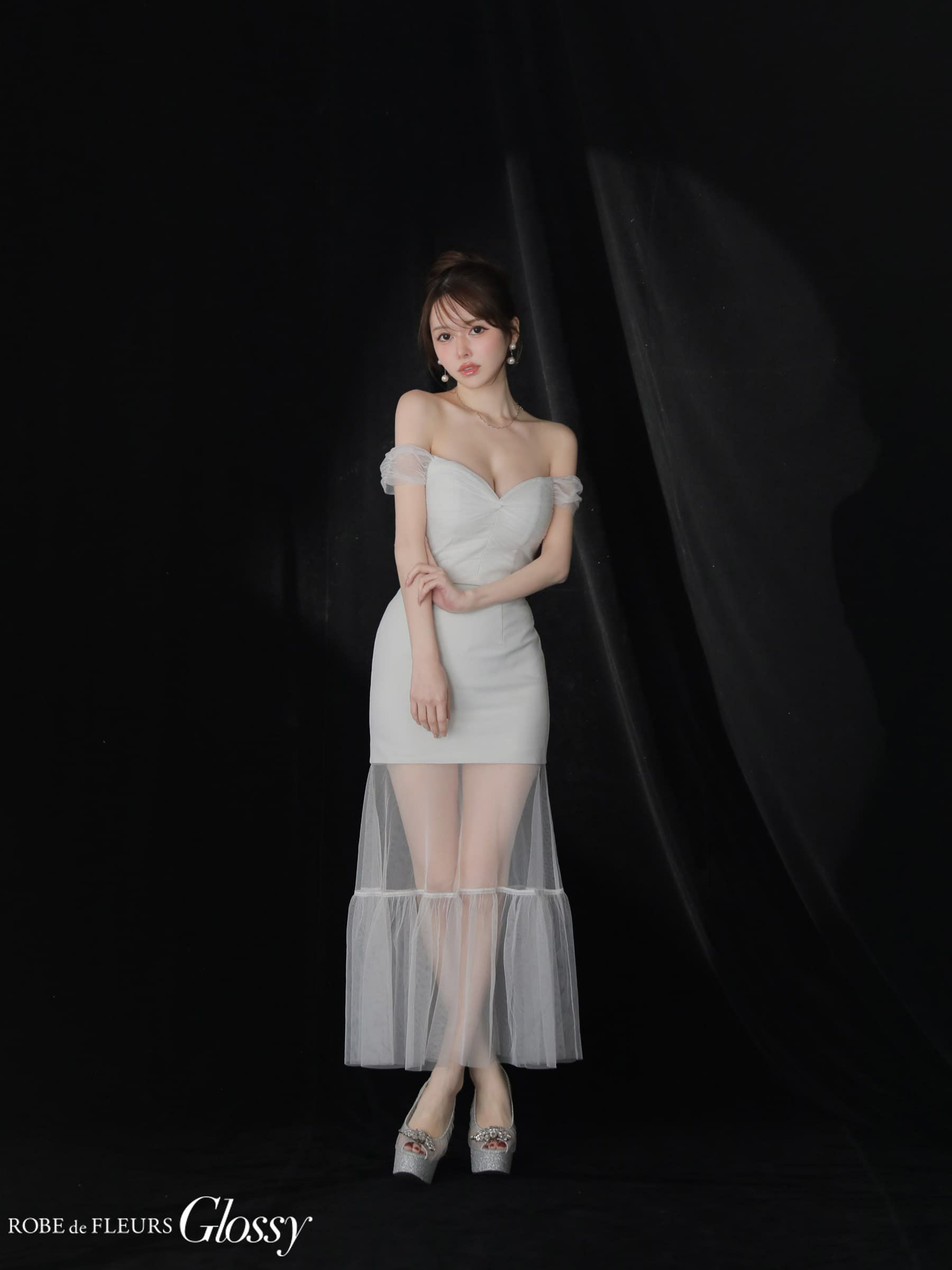 Glossy ローブドフルールグロッシー ラメニットオフショルセットアップロングキャバドレス gl3968-c