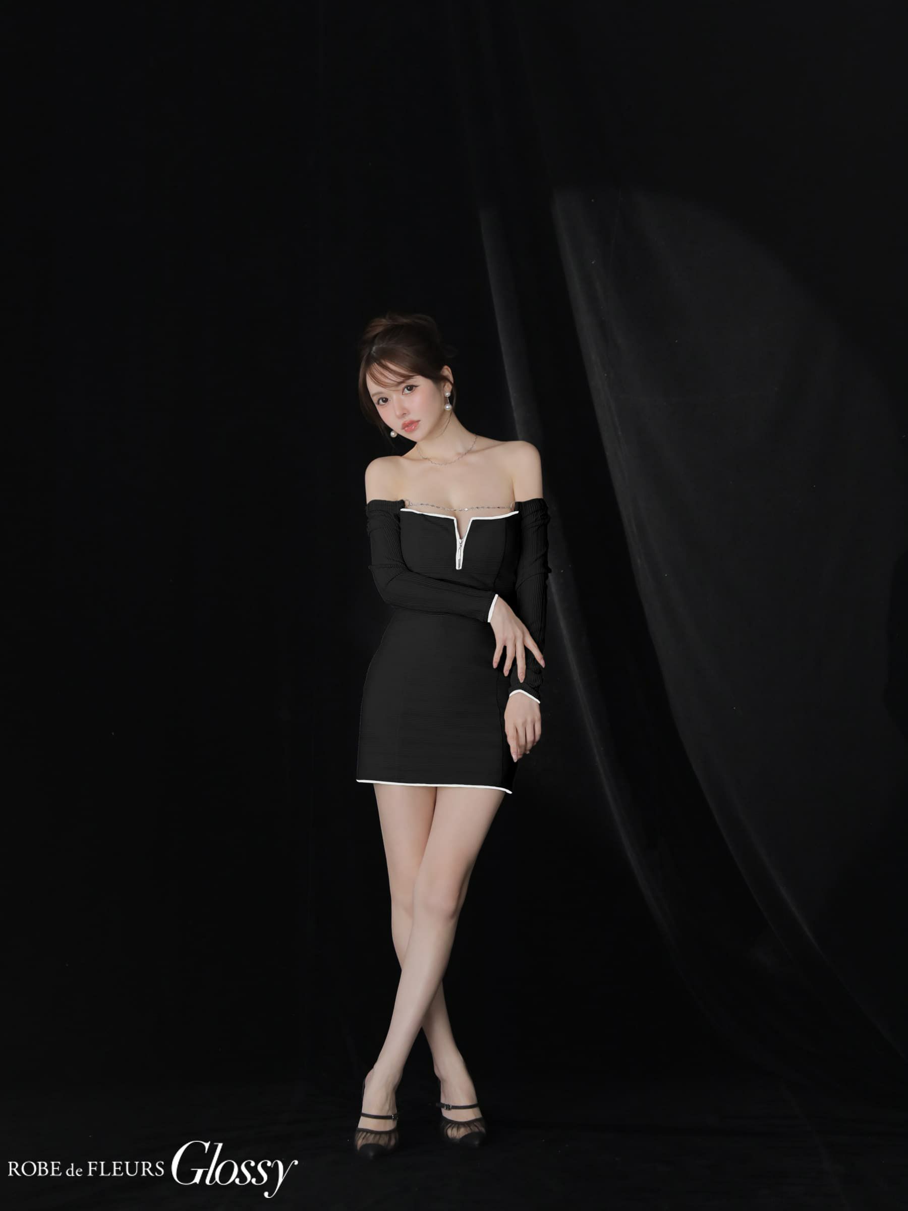 Glossy ローブドフルールグロッシー 【XS～Lサイズあり】パイピングオフショルロングスリーブミニキャバドレス gl4166-c