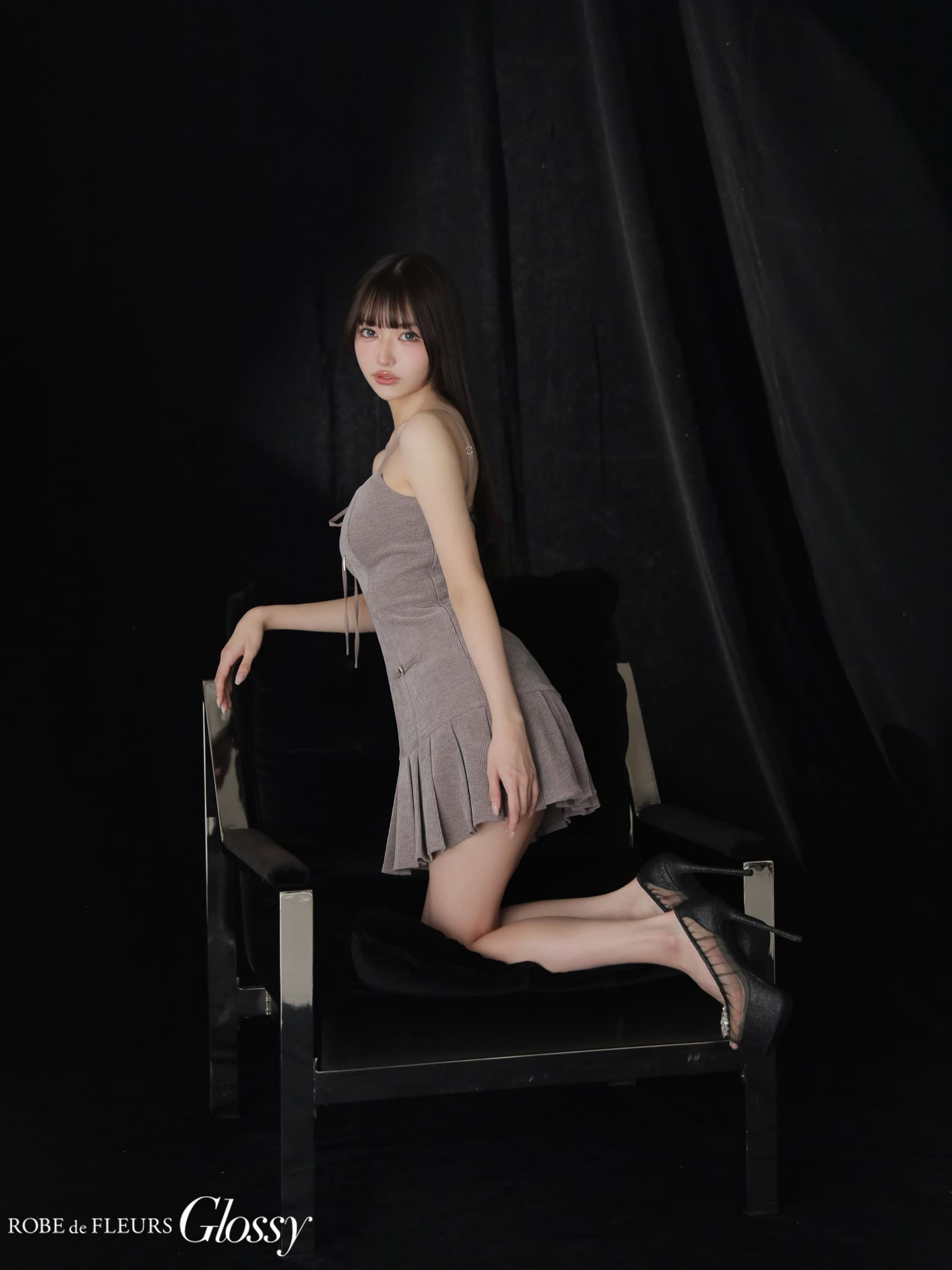 Glossy ローブドフルールグロッシー 【XSサイズあり】バストリボンラメツイードキャミフレアミニキャバドレス gl4316-c