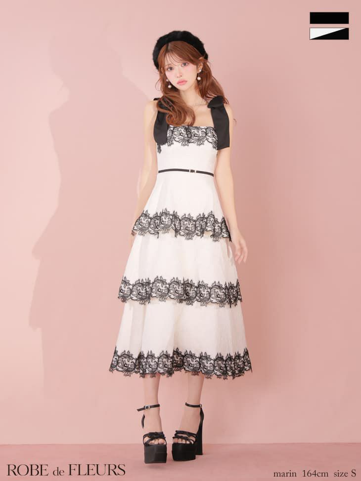 ROBE de FLEURS ローブドフルール 【Lサイズあり】 ジャガードレースティアードロングキャバドレス fm3487-c