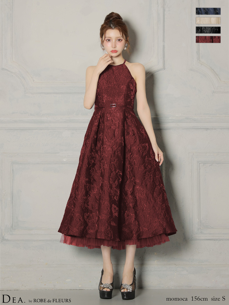 DEA. ディア バイ ローブドフルール 【XSサイズ～Lサイズあり】 ラメジャガードハイネックフレアロングキャバドレス de4332