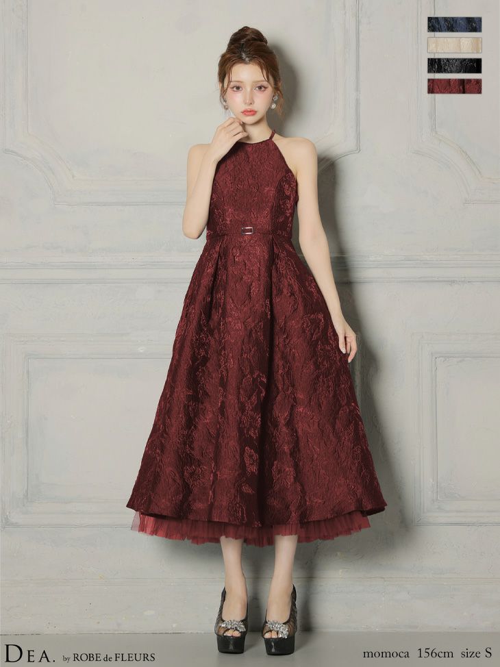 DEA. ディア バイ ローブドフルール 【XSサイズ～Lサイズあり】 ラメジャガードハイネックフレアロングキャバドレス de4332