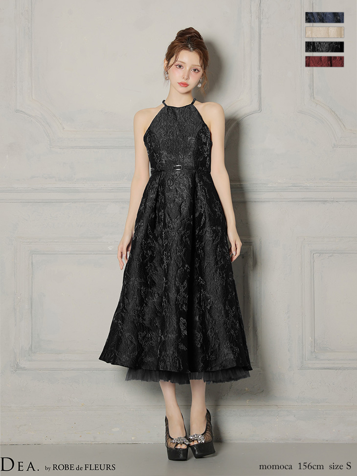 DEA. ディア バイ ローブドフルール 【XSサイズ～Lサイズあり】 ラメジャガードハイネックフレアロングキャバドレス de4332