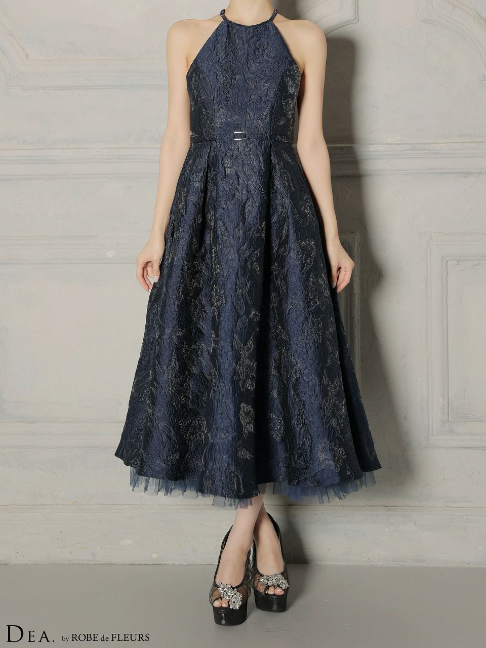 DEA. ディア バイ ローブドフルール 【XSサイズ～Lサイズあり】 ラメジャガードハイネックフレアロングキャバドレス de4332