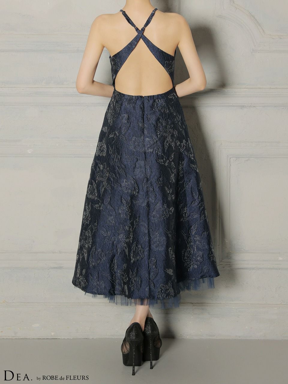 DEA. ディア バイ ローブドフルール 【XSサイズ～Lサイズあり】 ラメジャガードハイネックフレアロングキャバドレス de4332