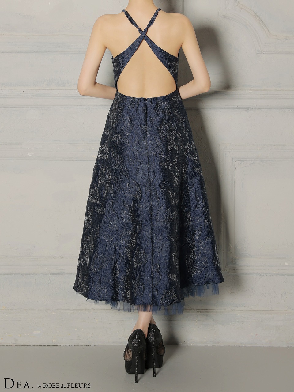 DEA. ディア バイ ローブドフルール 【XSサイズ～Lサイズあり】 ラメジャガードハイネックフレアロングキャバドレス de4332