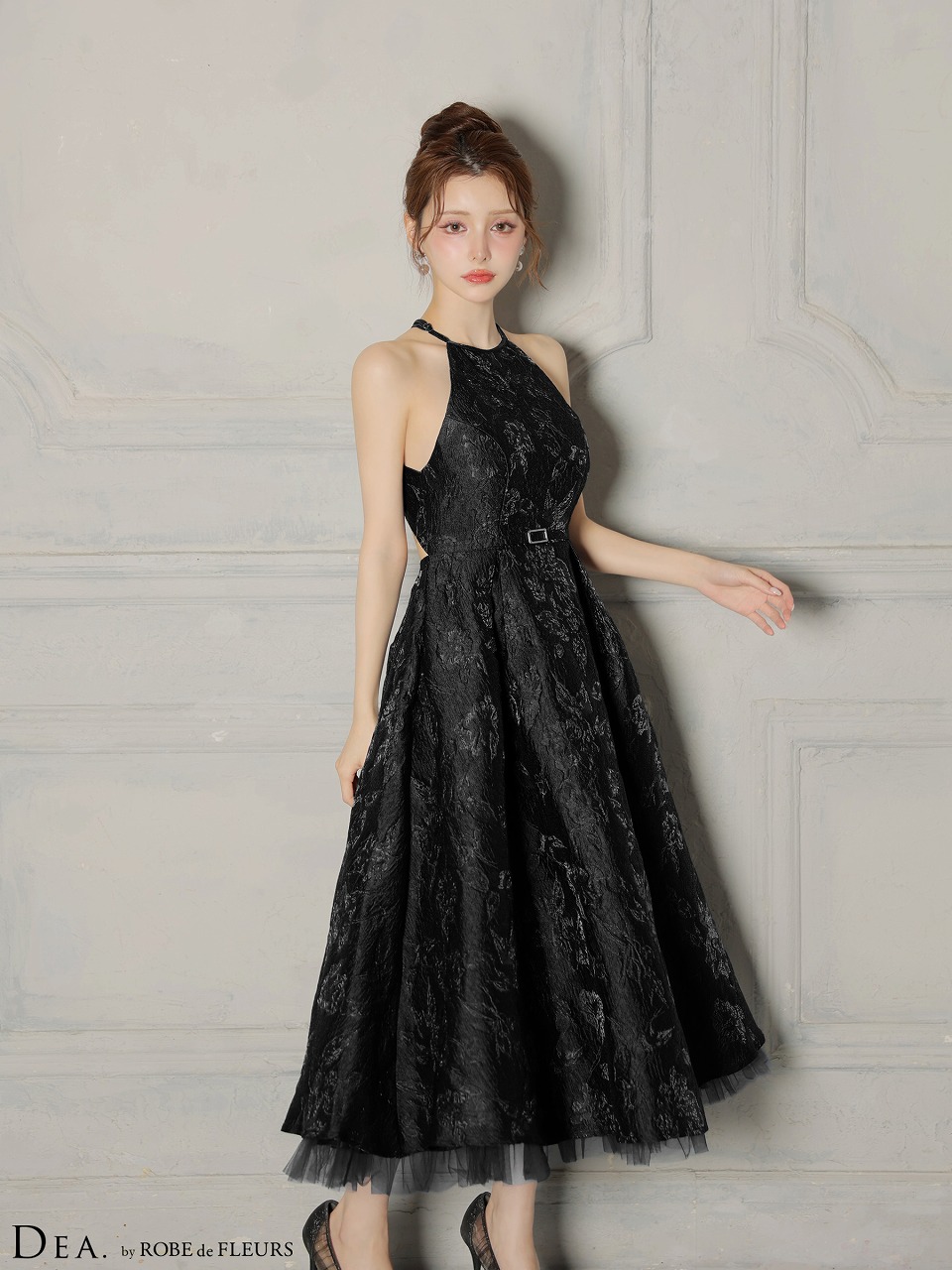 DEA. ディア バイ ローブドフルール 【XSサイズ～Lサイズあり】 ラメジャガードハイネックフレアロングキャバドレス de4332