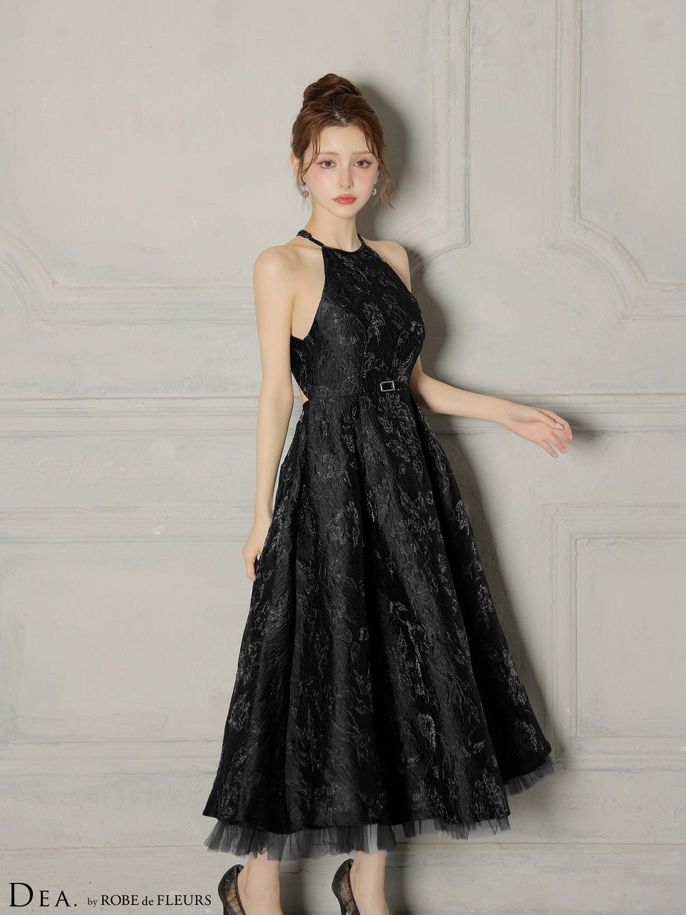 DEA. ディア バイ ローブドフルール 【XSサイズ～Lサイズあり】 ラメジャガードハイネックフレアロングキャバドレス de4332