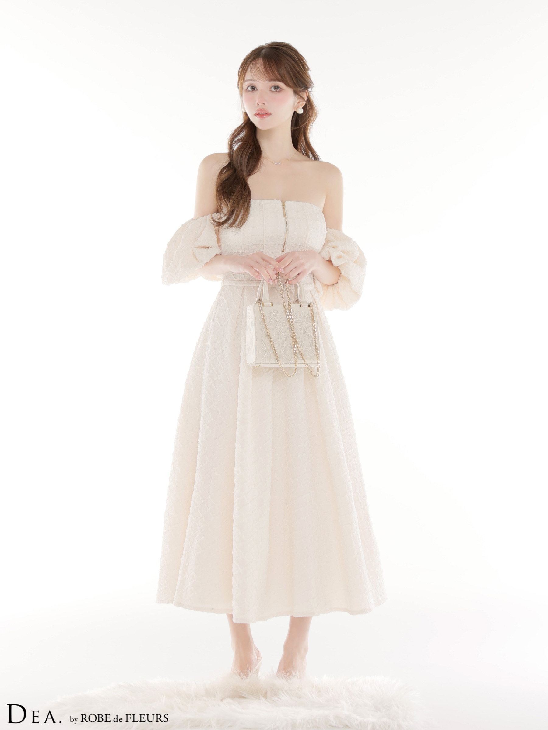 DEA. ディア バイ ローブドフルール 【Lサイズあり】 ラメジャガードオフショルバルーンスリーブロングキャバドレス de4334