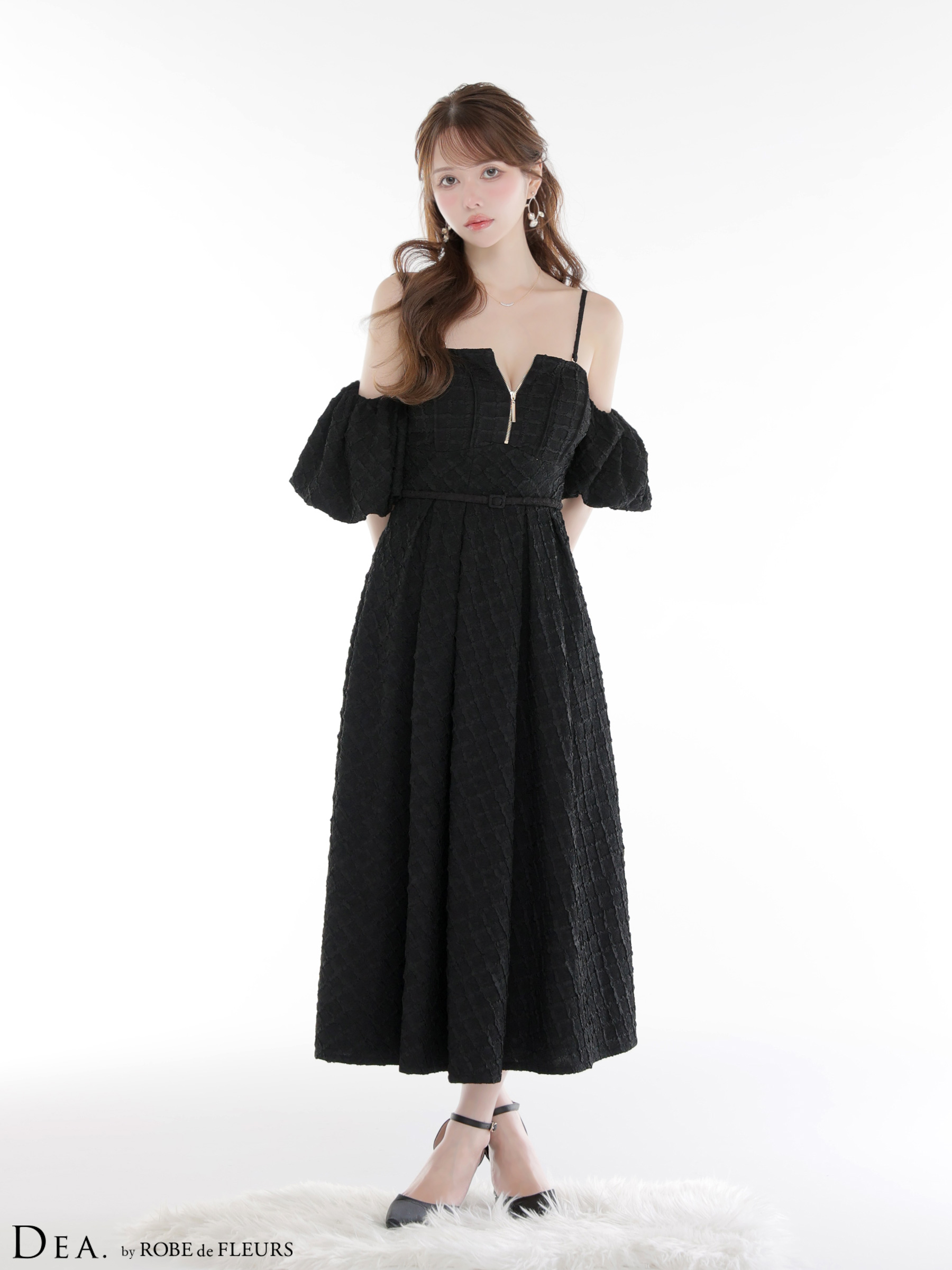 DEA. ディア バイ ローブドフルール 【Lサイズあり】 ラメジャガードオフショルバルーンスリーブロングキャバドレス de4334