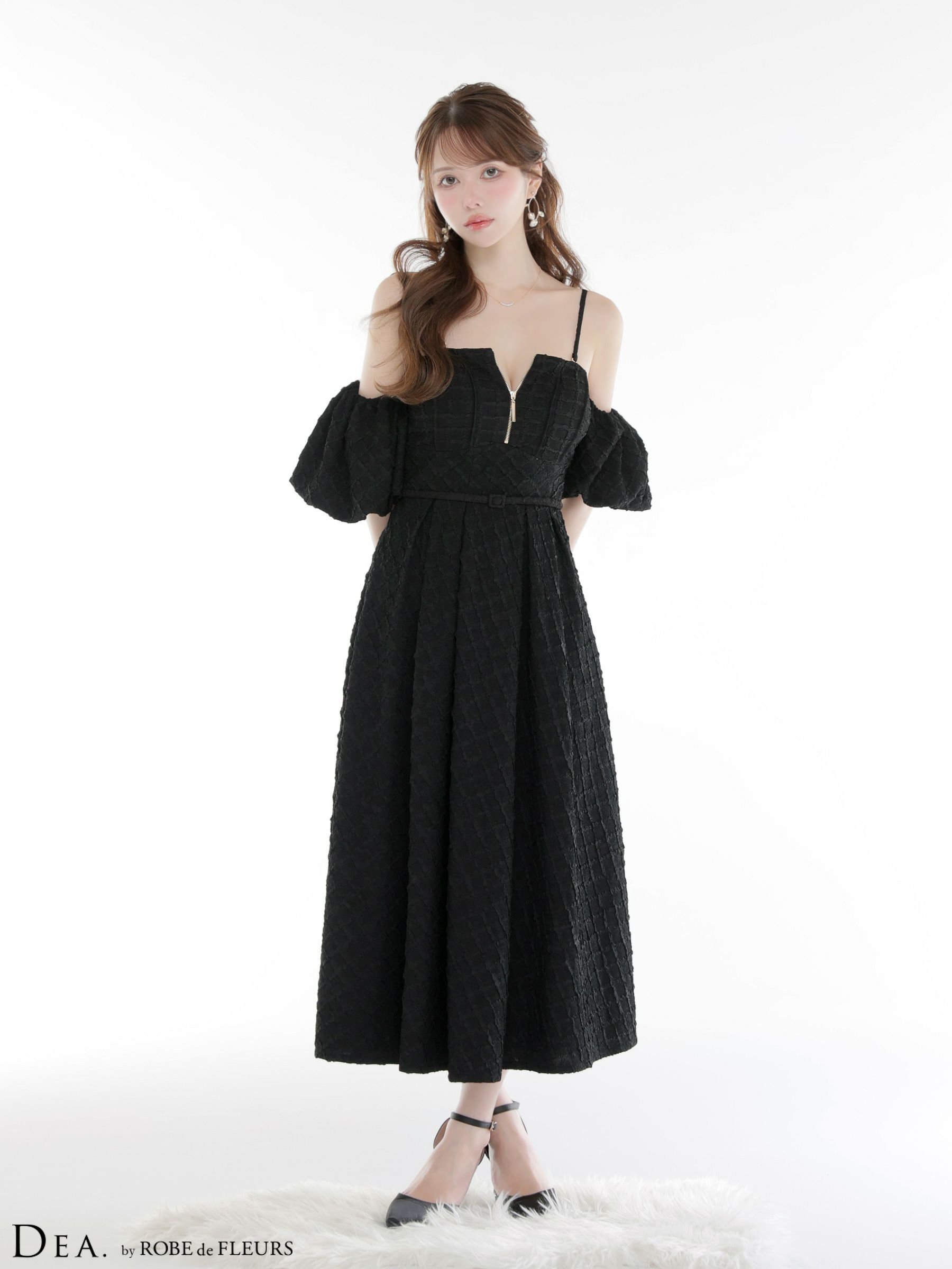 DEA. ディア バイ ローブドフルール 【Lサイズあり】 ラメジャガードオフショルバルーンスリーブロングキャバドレス de4334