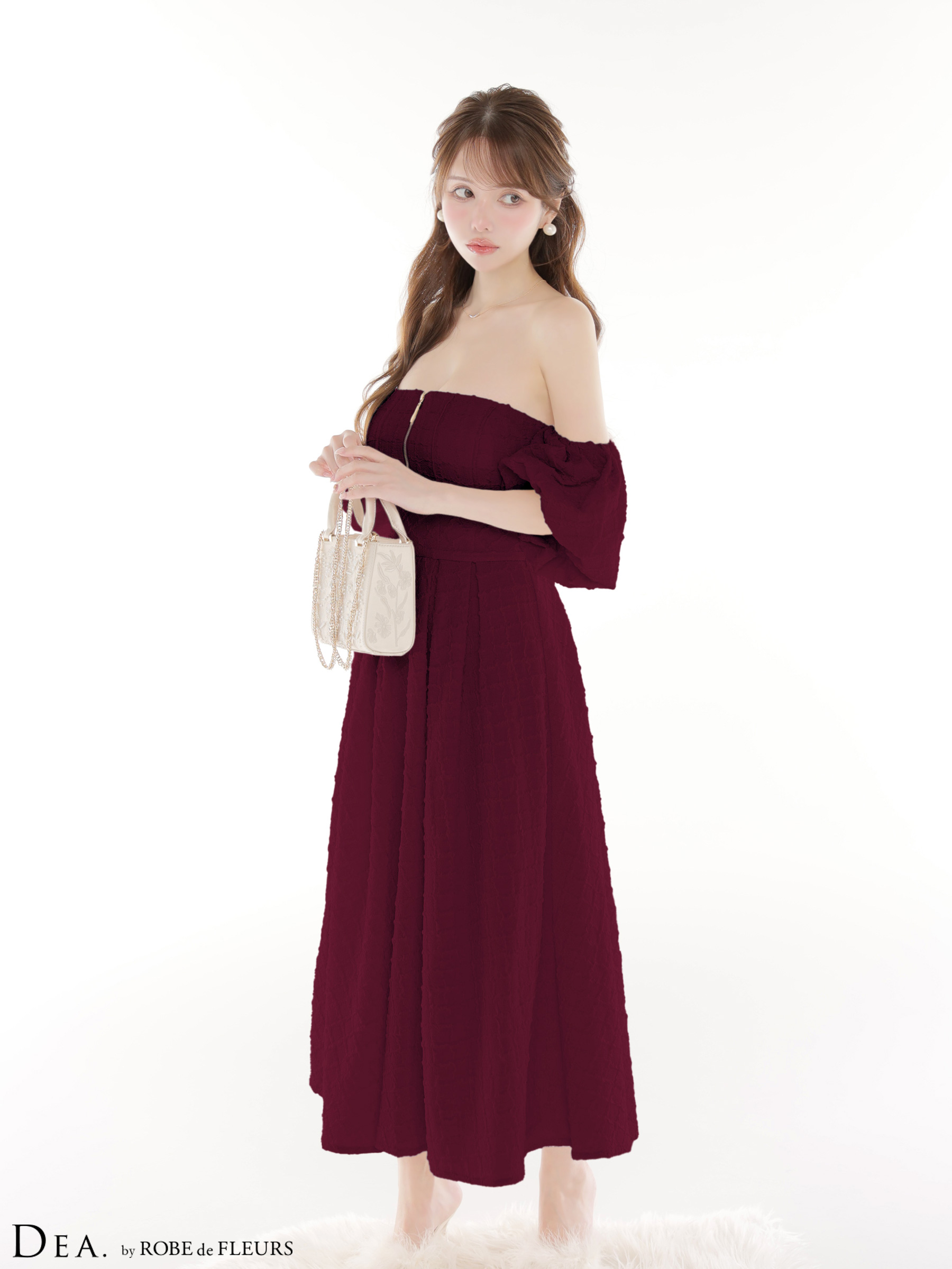 DEA. ディア バイ ローブドフルール 【Lサイズあり】 ラメジャガードオフショルバルーンスリーブロングキャバドレス de4334