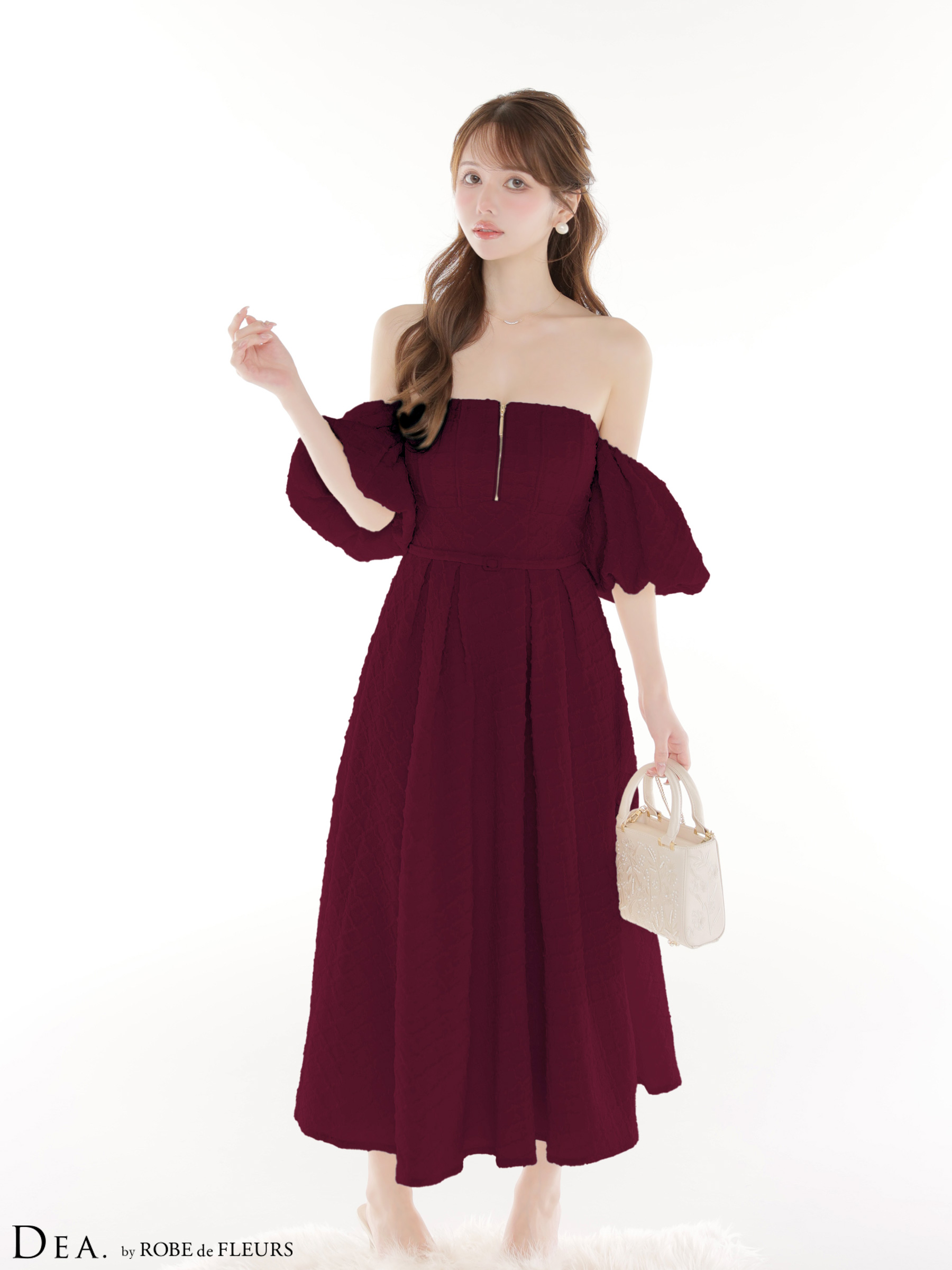 DEA. ディア バイ ローブドフルール 【Lサイズあり】 ラメジャガードオフショルバルーンスリーブロングキャバドレス de4334