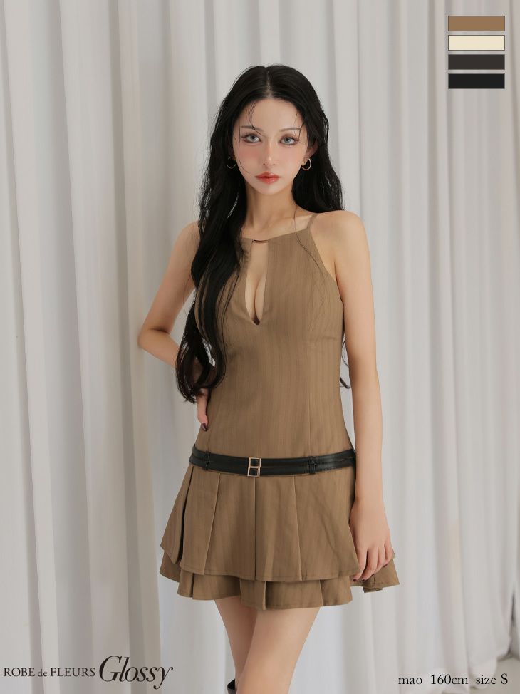 Glossy ローブドフルールグロッシー 【XSサイズあり】 ヘリンボーンレザーベルトフレアミニキャバドレス gl4158