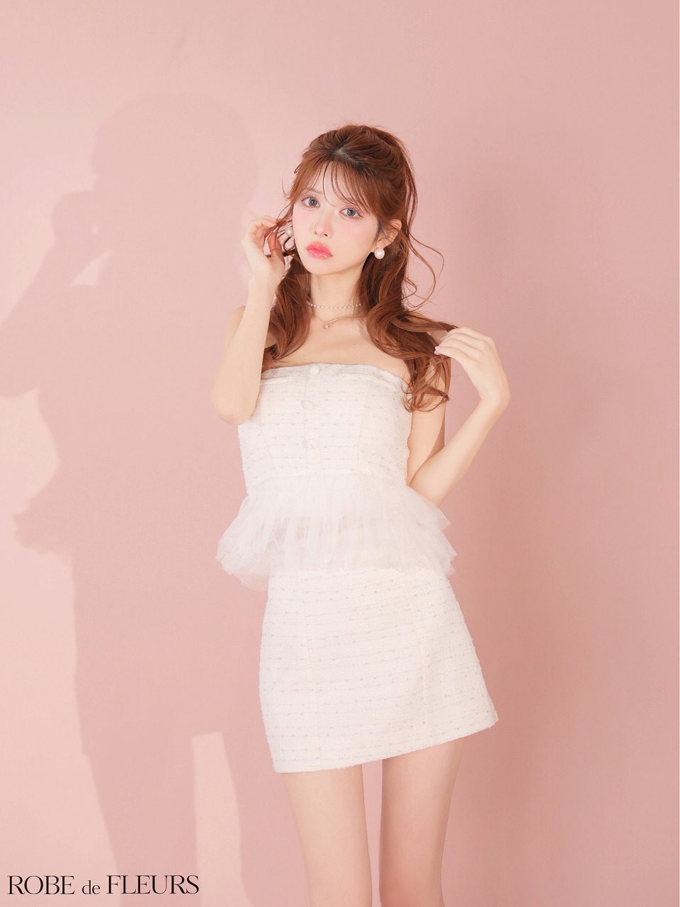 ROBE de FLEURS ローブドフルール 【XSサイズあり】 ベアラメツイードチュールフリルセットアップミニキャバドレス fm4336