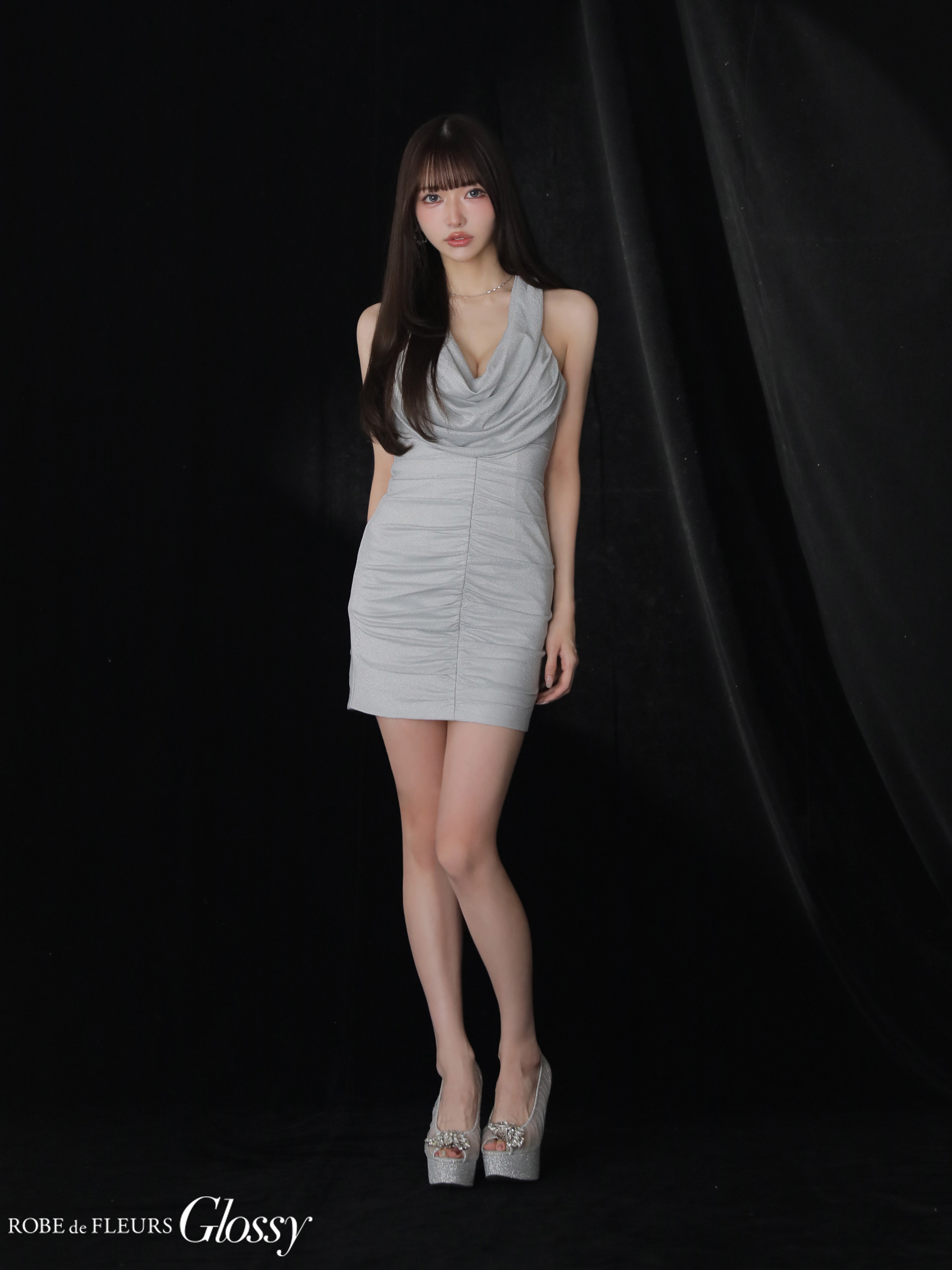 Glossy ローブドフルールグロッシー 【XSサイズあり】 ラメニットカウルネックシャーリングノースリーブタイトキャバドレス gl3967